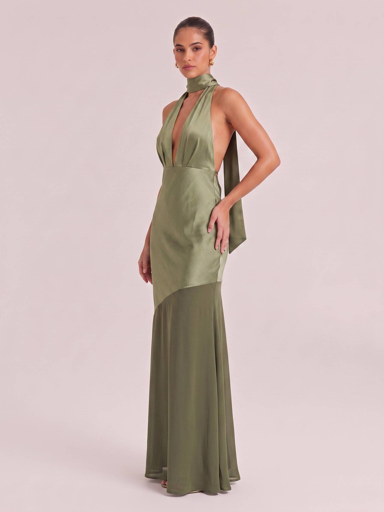 Olive Satin Halter Neck Deep V-Neck Mermaid Evening Gown - Sexy Backless Formal Dress For Party, Wedding & Gala