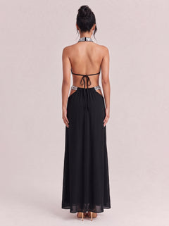 Black Hanging Neck And Diamond Waist Hollow Draping Long Evening Gown