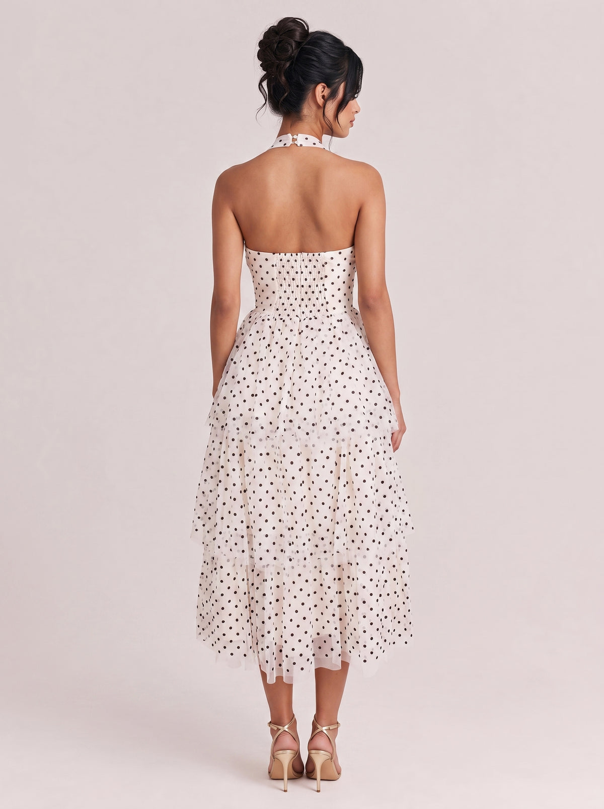 V-Neck Fine Strap Dot Mesh Large Swing Long Dress