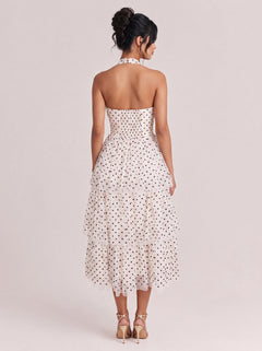 V-Neck Fine Strap Dot Mesh Large Swing Long Dress