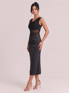 Off-shoulder Waist Mesh Hollowed-out Pleated Slim-fit Slit Long Dress
