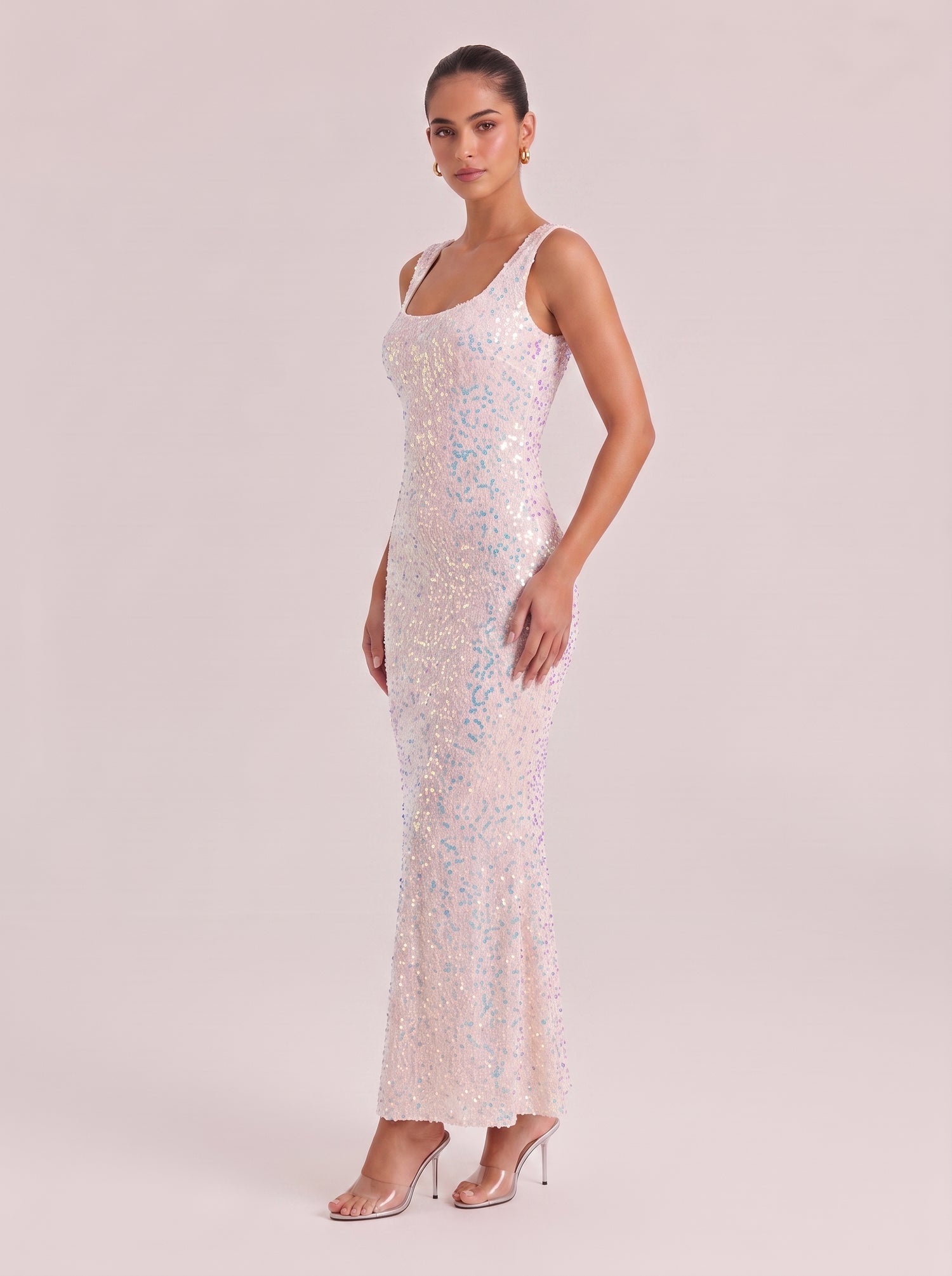 Iridescent Sequin Square Neck Sleeveless Mermaid Maxi Dress