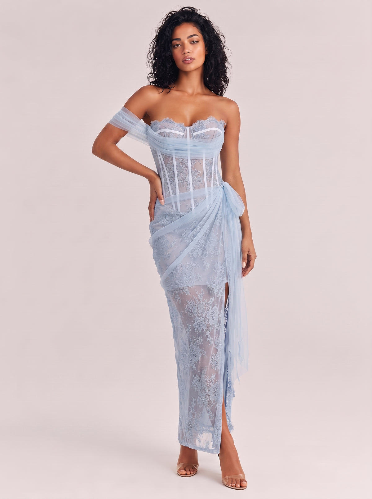 Light Blue Strapless Pleated Sparkle See-Through Split Slim-Fit Long Evening Gown