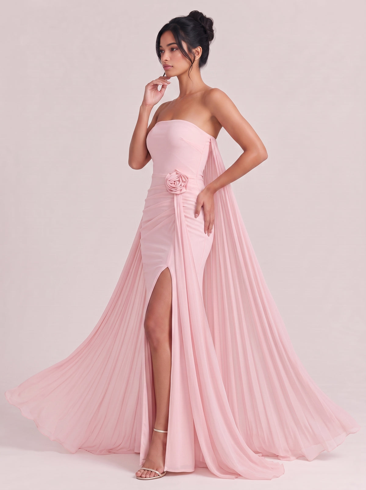 Strapless, Three-dimensional Floral Ruched High-slit Mermaid Maxi Gown With Flowing Ribbons