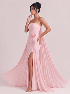 Strapless, Three-dimensional Floral Ruched High-slit Mermaid Maxi Gown With Flowing Ribbons