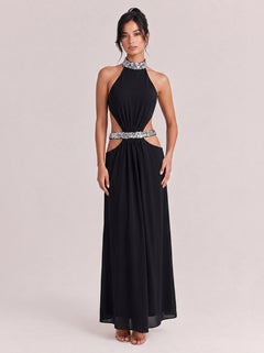 Black Hanging Neck And Diamond Waist Hollow Draping Long Evening Gown