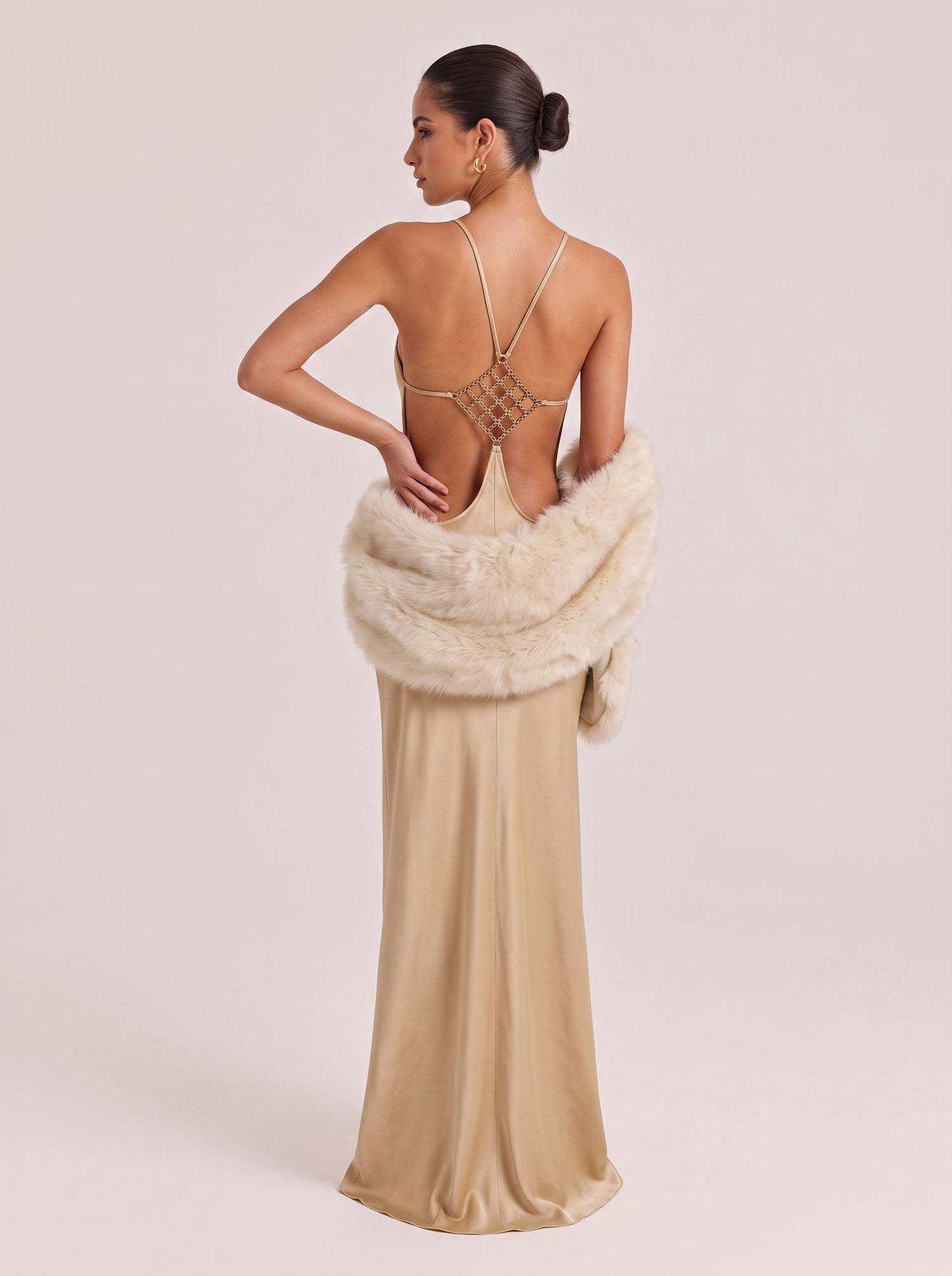 Champagne Gold Halter Neck Maxi Dress With Geometric Chain Back - Luxe Satin Evening Gown