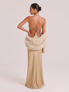 Champagne Gold Halter Neck Maxi Dress With Geometric Chain Back - Luxe Satin Evening Gown