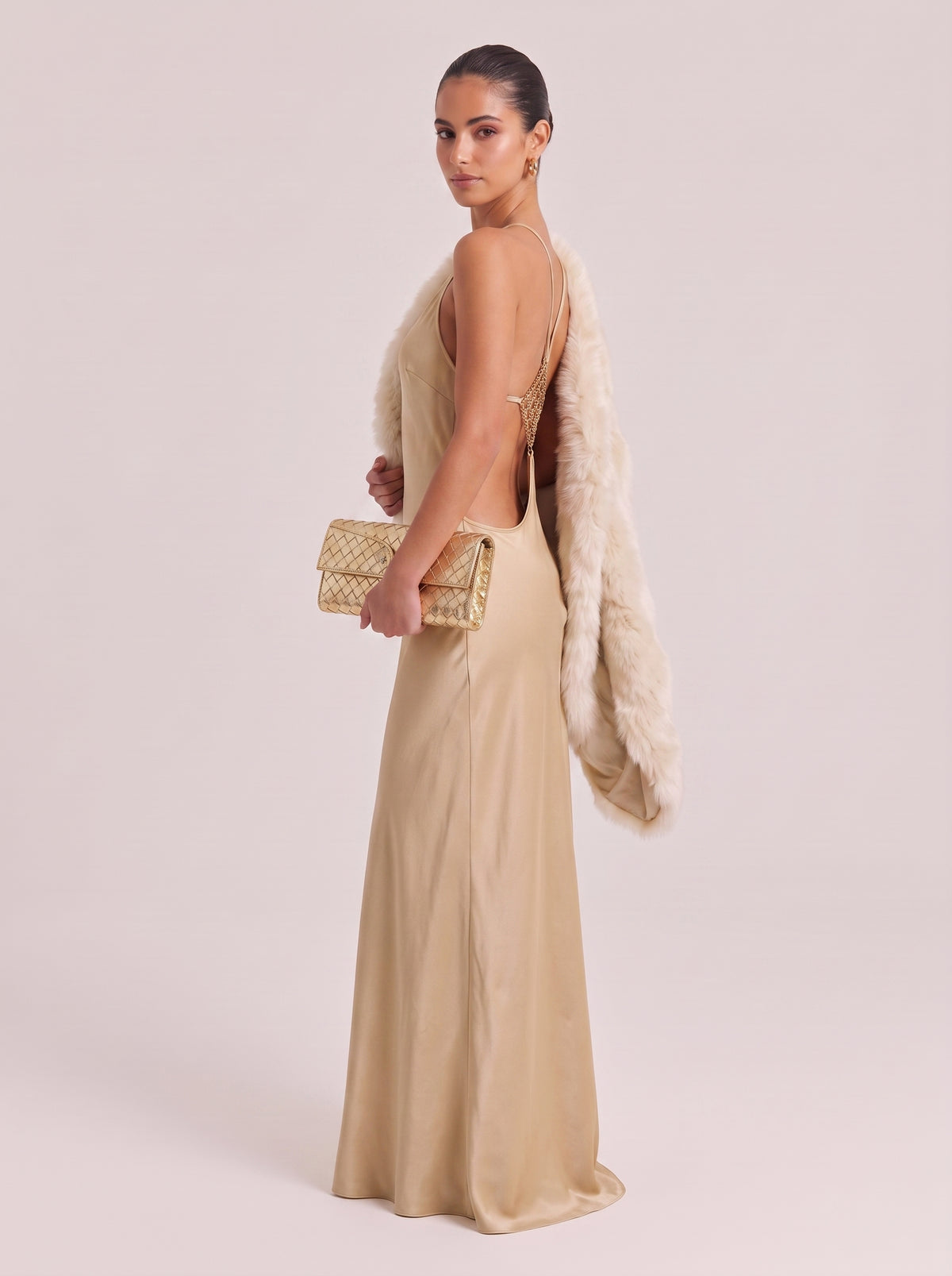 Champagne Gold Halter Neck Maxi Dress With Geometric Chain Back - Luxe Satin Evening Gown