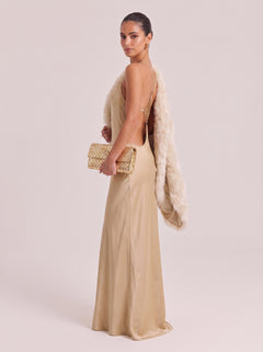 Champagne Gold Halter Neck Maxi Dress With Geometric Chain Back - Luxe Satin Evening Gown