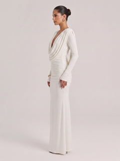 Swing Collar Deep V Long Sleeve Pleated Bag White Stretch Slim Fit Long Dress For Hip