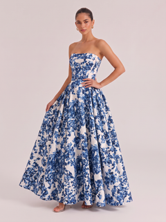 Strapless Blue And White Porcelain Blue Floral Waisted Long Dress
