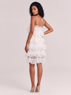 Luxurious Beaded Tulle Tiered Mini Dress With Crystal-Embellished Straps
