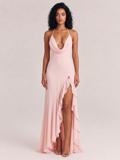 Swing Collar Diamond Chain Thin Sling Ruffled High Split Chiffon Long Dress