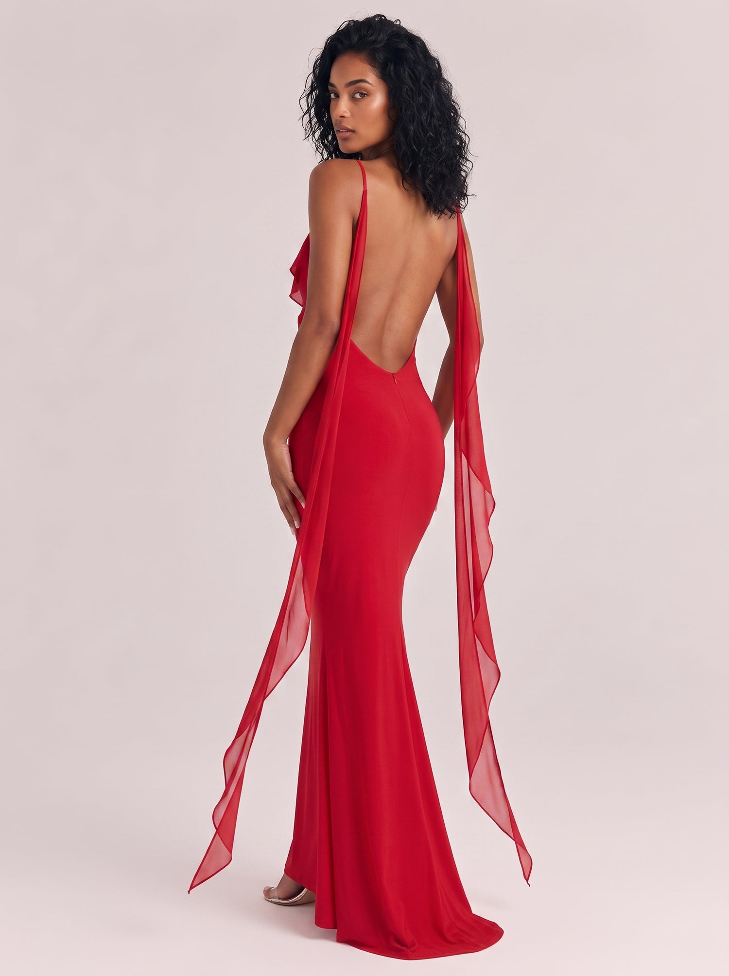 Deep V Strap Stereo Flower Strap Pleated Fishtail Long Dress