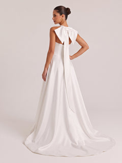 Hanged High Neck Kink Split Satin Trailing Wedding Dress