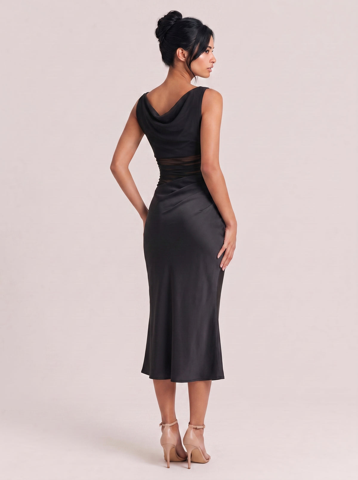 Off-shoulder Waist Mesh Hollowed-out Pleated Slim-fit Slit Long Dress