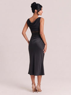 Off-shoulder Waist Mesh Hollowed-out Pleated Slim-fit Slit Long Dress