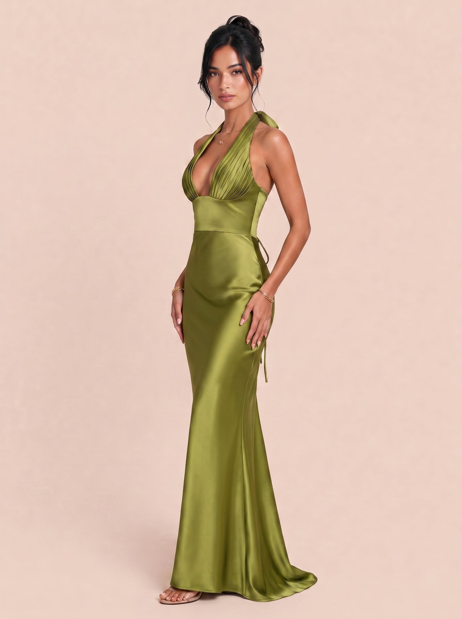 Deep V-Neck Pleated Satin Fishtail Long Evening Gown