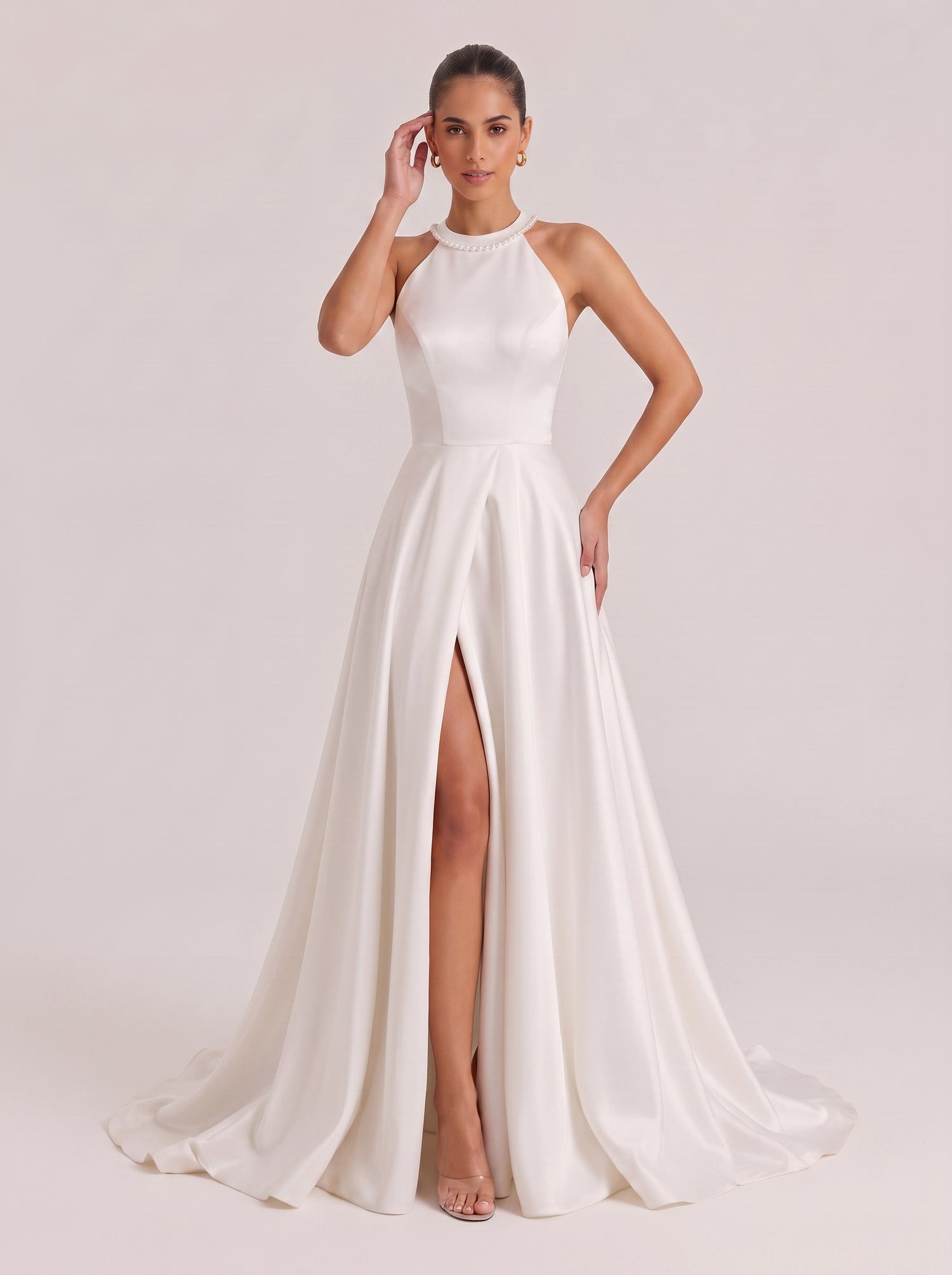 Hanged High Neck Kink Split Satin Trailing Wedding Dress