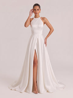 Hanged High Neck Kink Split Satin Trailing Wedding Dress
