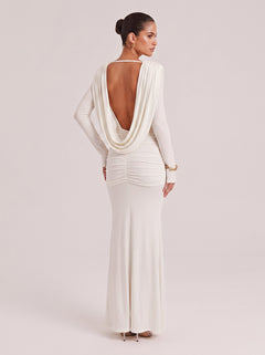 Swing Collar Deep V Long Sleeve Pleated Bag White Stretch Slim Fit Long Dress For Hip