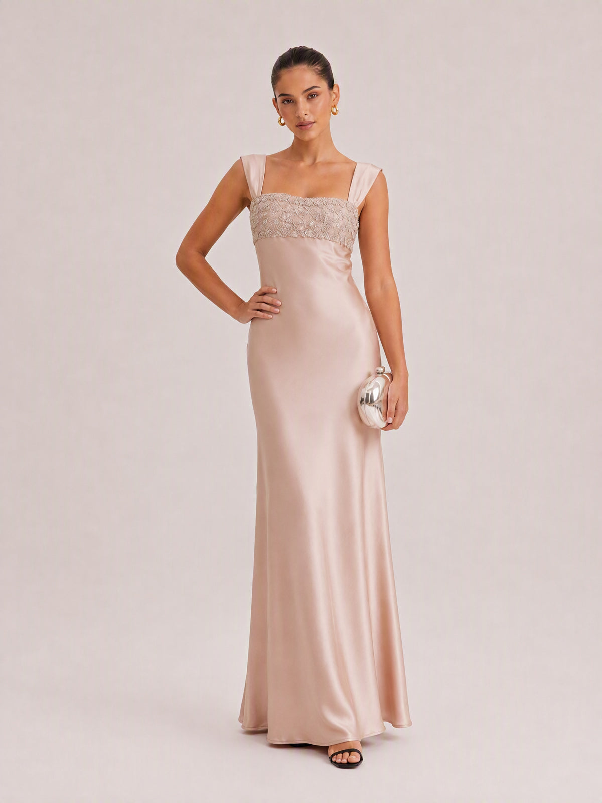 Champagne Pink Satin Asymmetrical Shoulder Maxi Dress With Crystal Embellished Bust