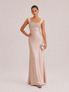 Champagne Pink Satin Asymmetrical Shoulder Maxi Dress With Crystal Embellished Bust