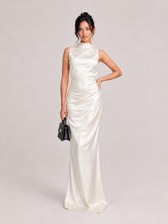 Matte Satin High-Neck Halter Backless Maxi Dress With Crisscross Straps