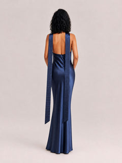 Lustrous Satin Halter Twist Neck Maxi Dress With Side Slit