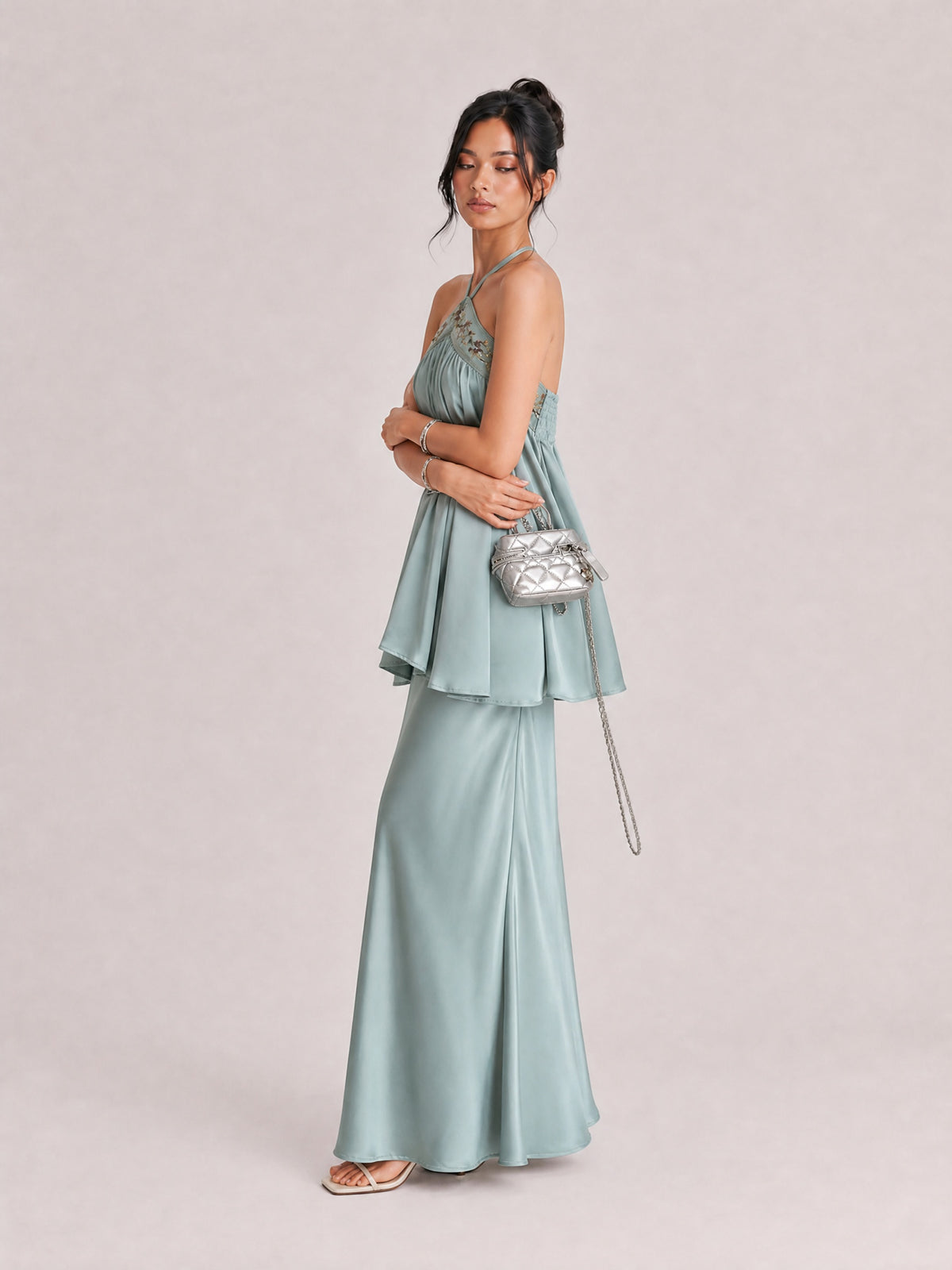 Elegant Satin Halter Neck Maxi Dress With Embellished Bodice