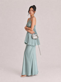 Elegant Satin Halter Neck Maxi Dress With Embellished Bodice