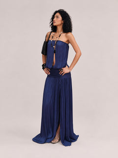 Seaside Hidden Blue Strapless Dress Summer Ribbon Split Holiday Stitching Long Dress