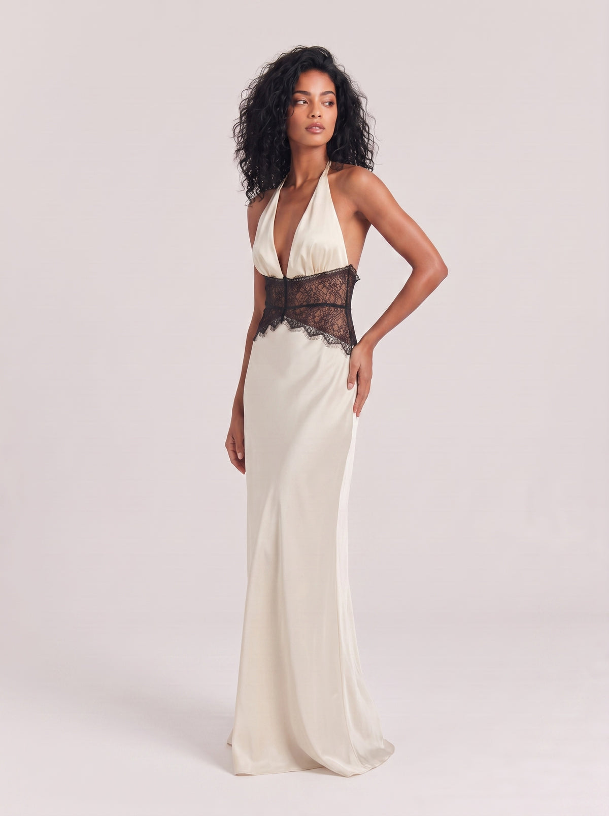 Satin Neck Deep V Black Lace Waist Stitching Slim-fit Long Dress