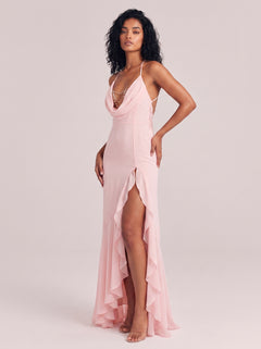 Swing Collar Diamond Chain Thin Sling Ruffled High Split Chiffon Long Dress