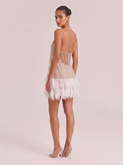 Fine Strap Beaded Mesh Feather Short Party Dress