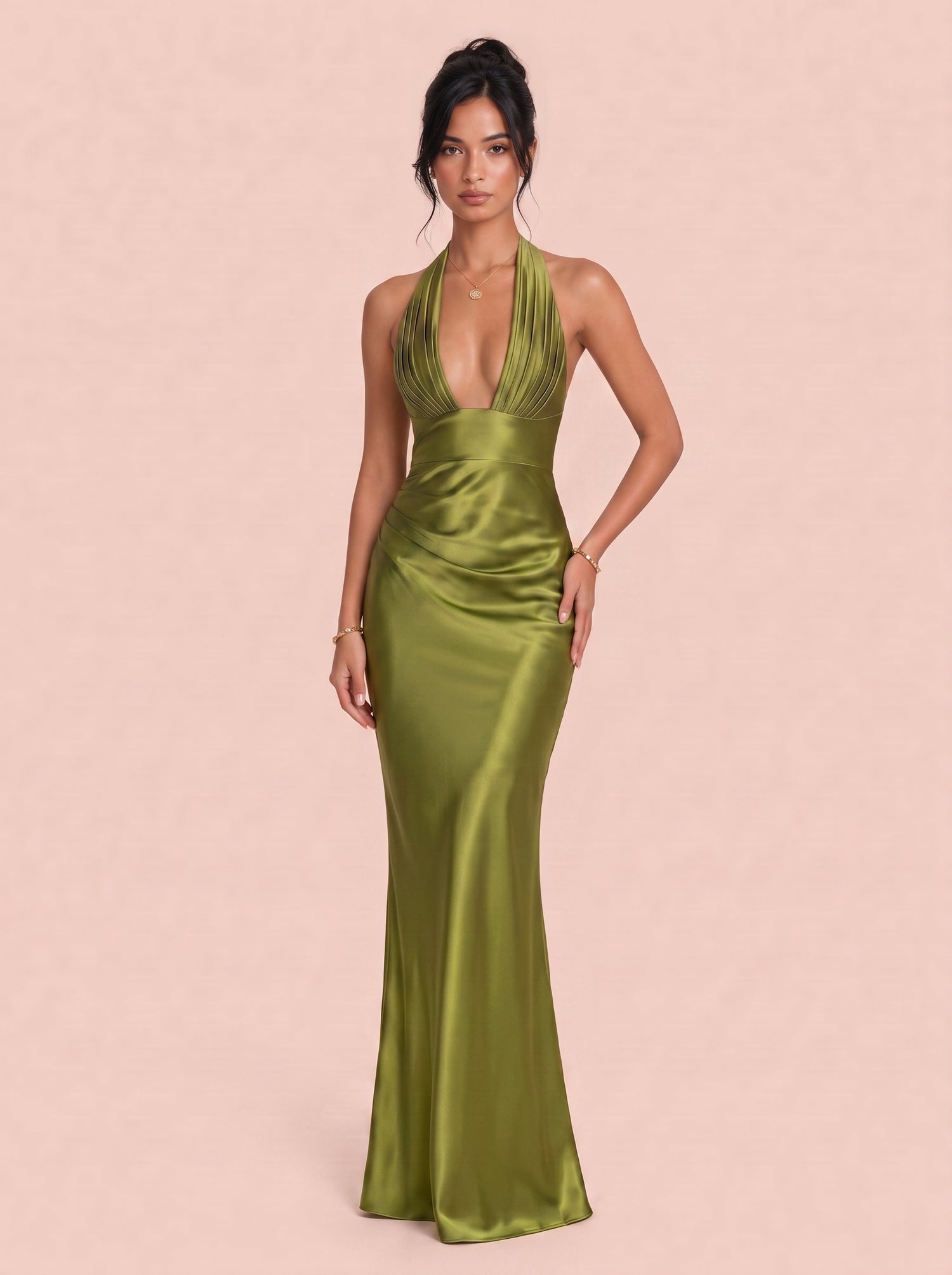 Deep V-Neck Pleated Satin Fishtail Long Evening Gown