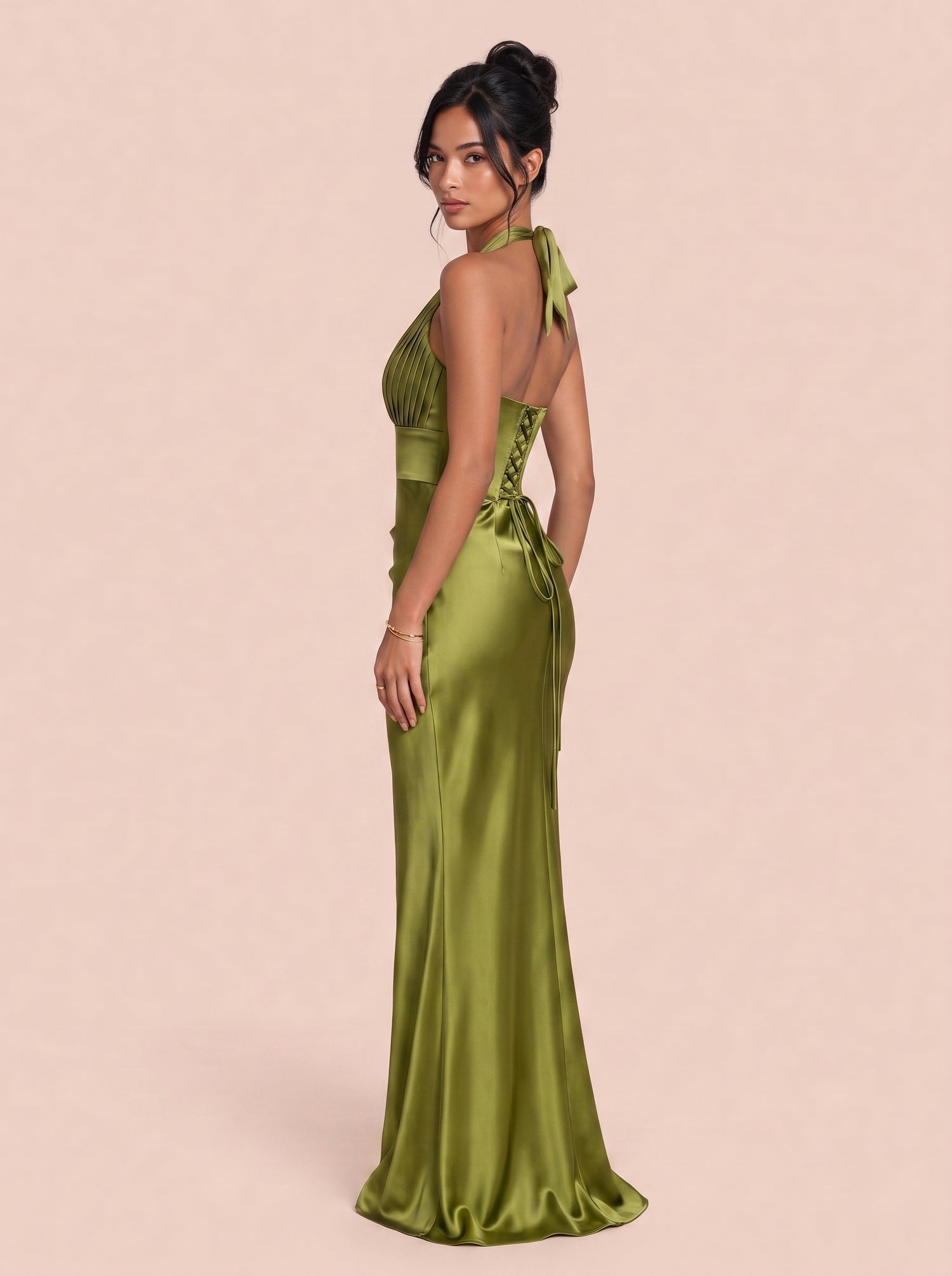 Deep V-Neck Pleated Satin Fishtail Long Evening Gown