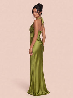 Deep V-Neck Pleated Satin Fishtail Long Evening Gown