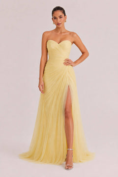 Elegant Strapless Pleated Tulle Maxi Dress
