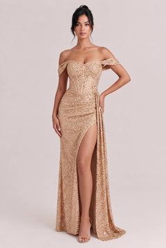 Off-Shoulder Sequin Slit Maxi Dress