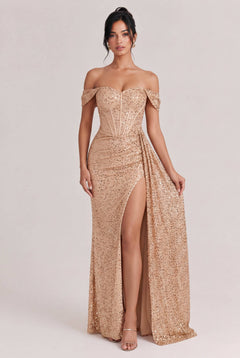 Off-Shoulder Sequin Slit Maxi Dress