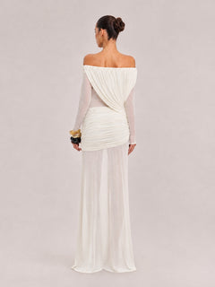 French Vintage Pleated Mesh One-Shoulder Dress