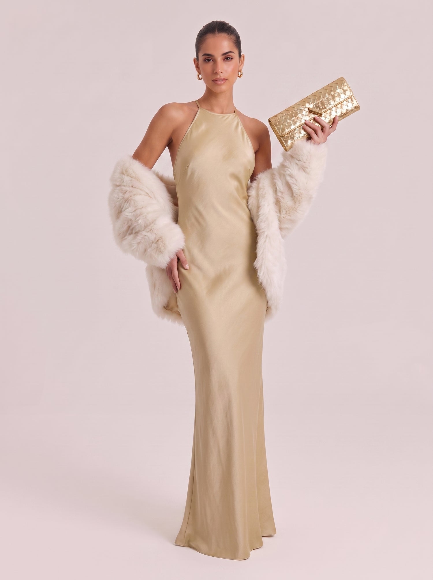 Champagne Gold Halter Neck Maxi Dress With Geometric Chain Back - Luxe Satin Evening Gown