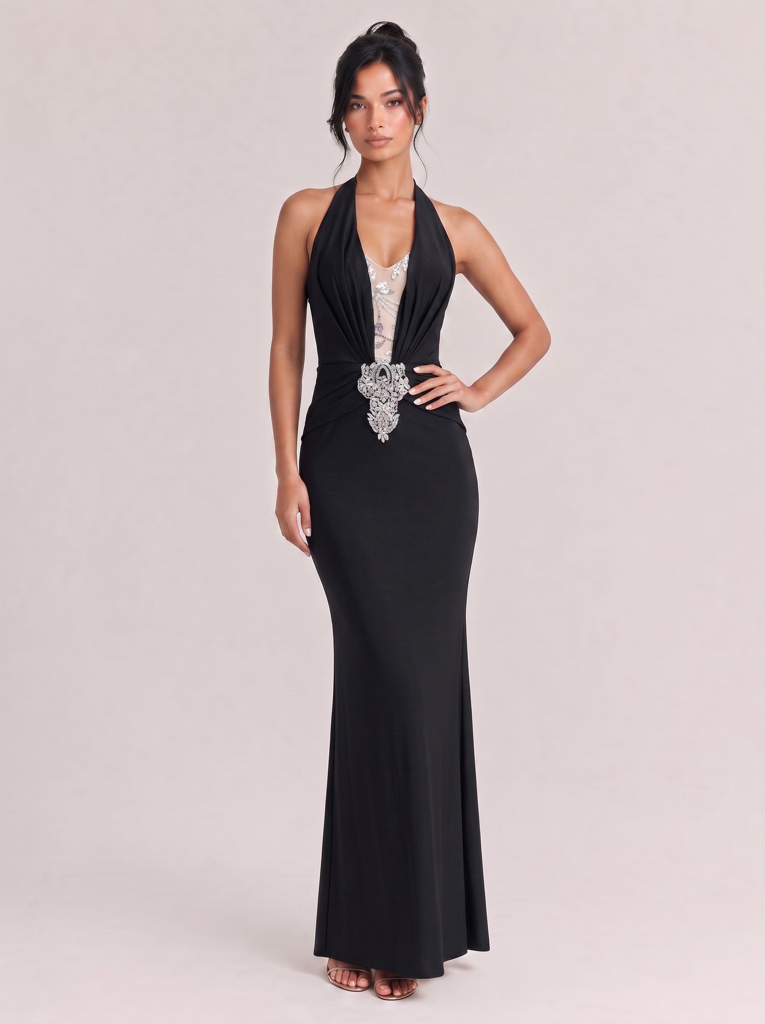 Hanging Neck Deep V Rhinestone Waist Look-through Split Slim-fit Black Fishtail Evening Dress