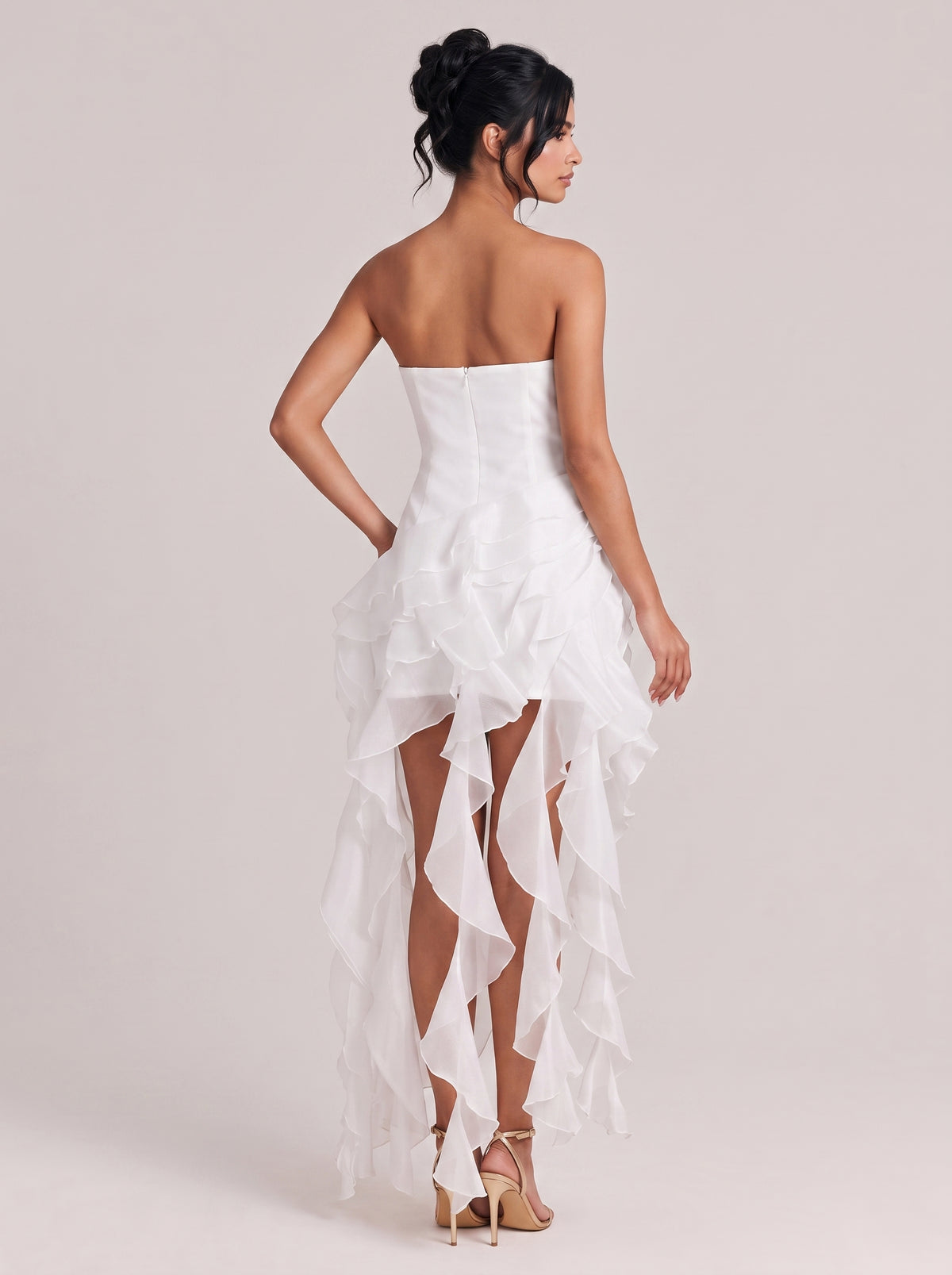 Elegant White Strapless Ruffled High-Low Gown With Crystal Trim