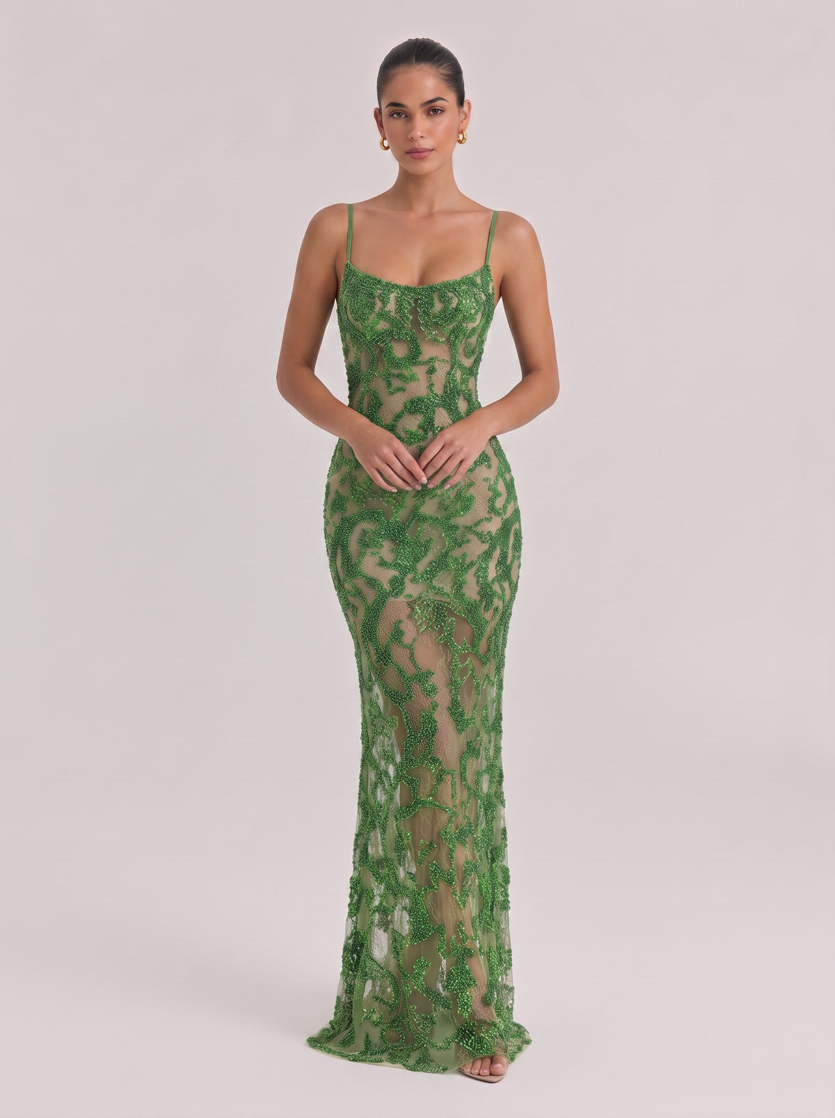Thin Shoulder Strap Green Sequin See-Through Lace Slim Fishtail Holiday Dress