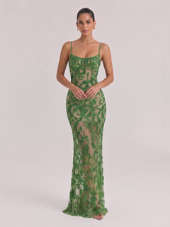 Thin Shoulder Strap Green Sequin See-Through Lace Slim Fishtail Holiday Dress