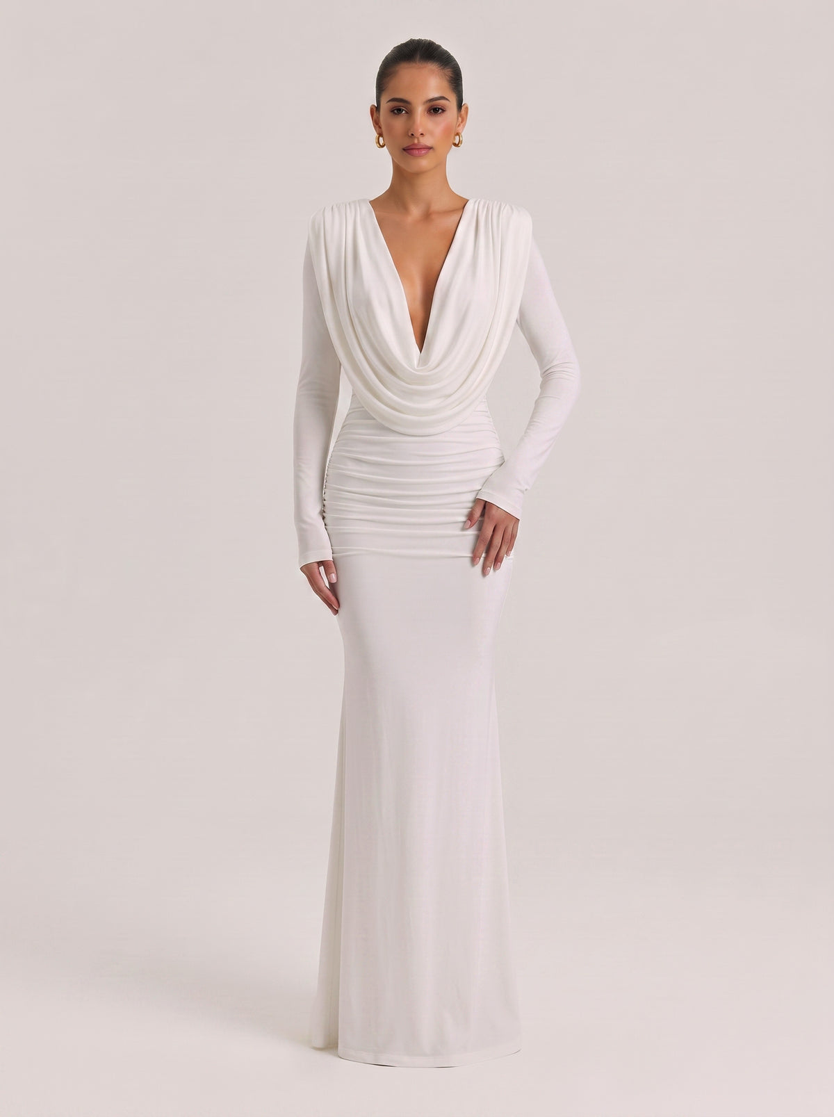 Swing Collar Deep V Long Sleeve Pleated Bag White Stretch Slim Fit Long Dress For Hip