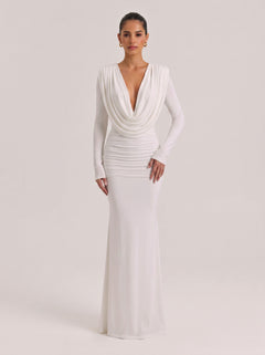 Swing Collar Deep V Long Sleeve Pleated Bag White Stretch Slim Fit Long Dress For Hip